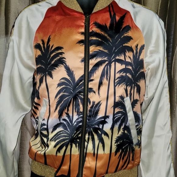 SAINT LAURENT Palm Tree Print Satin Bomber Jacket Unisex Size FR 46 - Picture 2 of 16